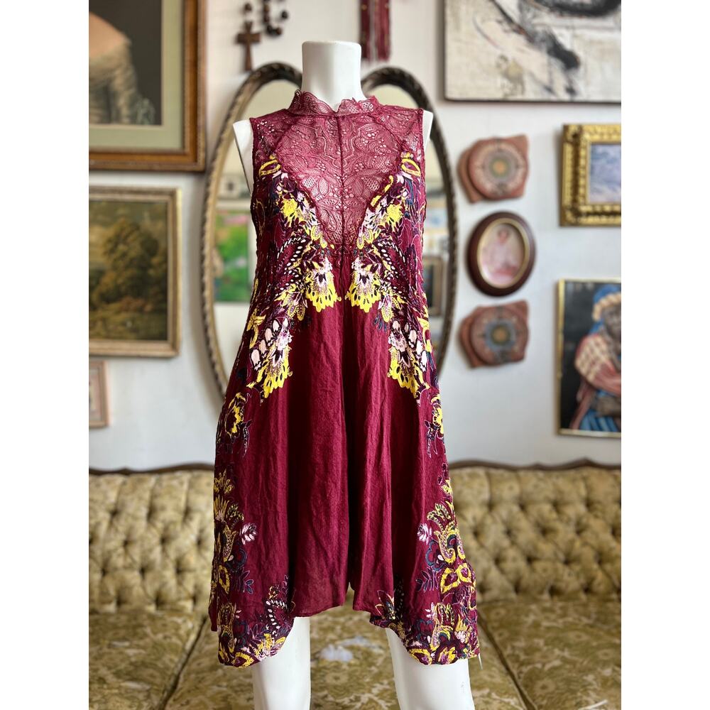 FP Grecian Burgundy Floral Lace Mini Dress Size Medium